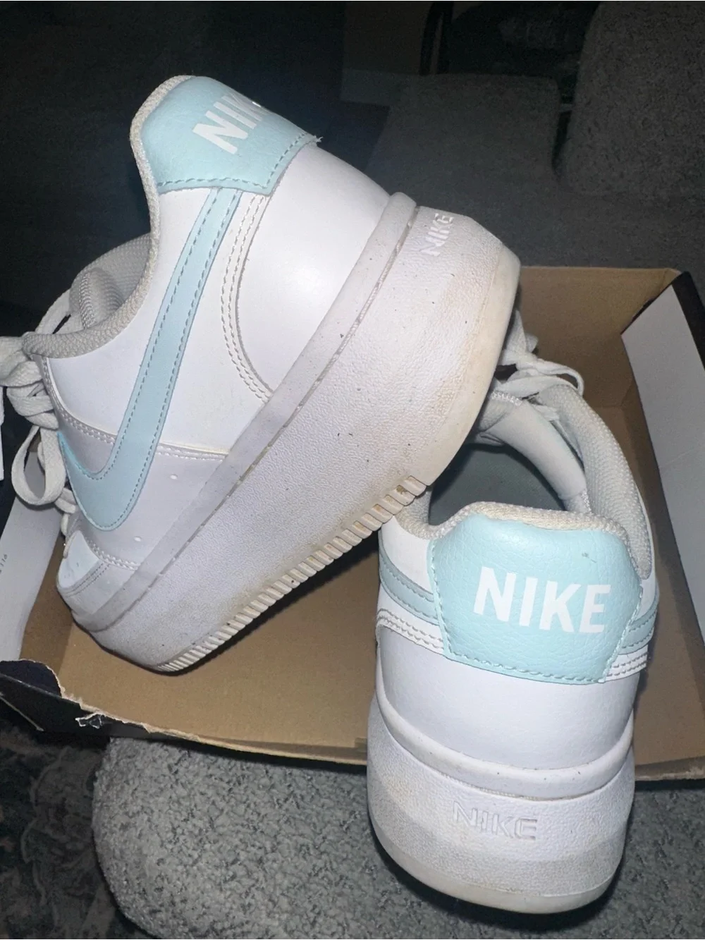Nike Women's White Sneakers with Light Blue Swoosh